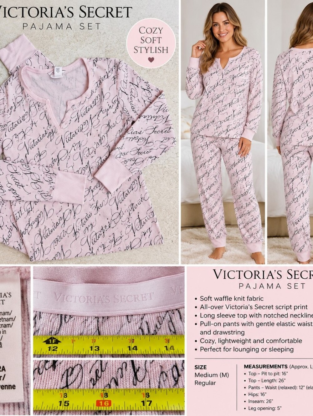 Victoria’s Secret Pajama Set M Pink Script Thermal Waffle Knit Long Sleeve PJ